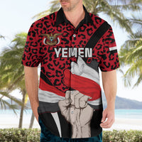 Red leopard-print short-sleeve button-up shirt with Yemen emblem and YEMEN front graphic