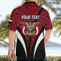Red leopard-print short-sleeve button-up shirt with YOUR TEXT and crest on back