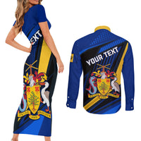 Personalised Barbados Independence Day Couples Matching Short Sleeve Bodycon Dress and Long Sleeve Button Shirt Barbadian Coat Of Arms Special Version - Wonder Print Shop