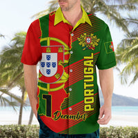 Portugal Independence Day Hawaiian shirt on model, yellow collar and red/green Portugal graphic