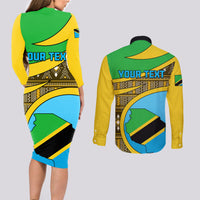 Personalised Tanzania Independence Day Couples Matching Long Sleeve Bodycon Dress and Long Sleeve Button Shirt Tanzanian Coat Of Arms African Pattern - Wonder Print Shop
