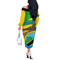 Personalised Tanzania Independence Day Off The Shoulder Long Sleeve Dress Tanzanian Coat Of Arms African Pattern - Wonder Print Shop