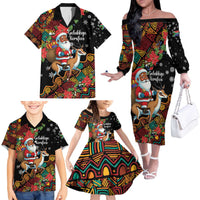 South Africa Christmas Family Matching Off The Shoulder Long Sleeve Dress and Hawaiian Shirt Black Santa Claus Riding Springbok - Wonder Print Shop