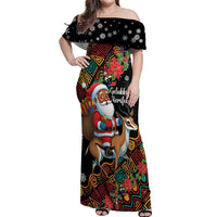 South Africa Christmas Off Shoulder Maxi Dress Black Santa Claus Riding Springbok - Wonder Print Shop