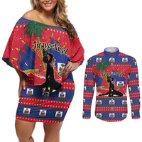 Personalized Ayiti Jwaye Nwel Couples Matching Off Shoulder Short Dress and Long Sleeve Button Shirt Haiti Merry Christmas - Wonder Print Shop