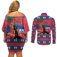Personalized Ayiti Jwaye Nwel Couples Matching Off Shoulder Short Dress and Long Sleeve Button Shirt Haiti Merry Christmas - Wonder Print Shop