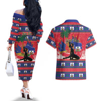 Personalized Ayiti Jwaye Nwel Couples Matching Off The Shoulder Long Sleeve Dress and Hawaiian Shirt Haiti Merry Christmas - Wonder Print Shop