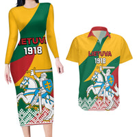 Lithuania Independence Day Personalized Couples Matching Long Sleeve Bodycon Dress and Hawaiian Shirt Lietuva Vytis 106th Anniversary - Wonder Print Shop