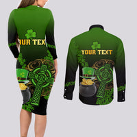Leprechaun Hat Gold Coins St Patricks Day Personalized Couples Matching Long Sleeve Bodycon Dress and Long Sleeve Button Shirt With Irish Celtic Shamrock - Wonder Print Shop