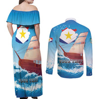 Personalized Saba Couples Matching Off Shoulder Maxi Dress and Long Sleeve Button Shirt Sailboat Remis Velisque