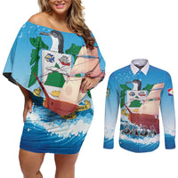 Personalized Saba Couples Matching Off Shoulder Short Dress and Long Sleeve Button Shirt Sailboat Remis Velisque