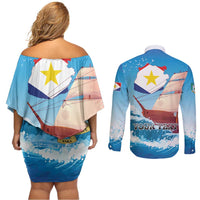 Personalized Saba Couples Matching Off Shoulder Short Dress and Long Sleeve Button Shirt Sailboat Remis Velisque