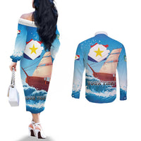 Personalized Saba Couples Matching Off The Shoulder Long Sleeve Dress and Long Sleeve Button Shirt Sailboat Remis Velisque