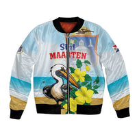 Personalized Sint Maarten Bomber Jacket Brown Pelican With Yellow Sage - Wonder Print Shop