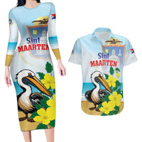 Personalized Sint Maarten Couples Matching Long Sleeve Bodycon Dress and Hawaiian Shirt Brown Pelican With Yellow Sage