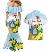 Personalized Sint Maarten Couples Matching Mermaid Dress and Hawaiian Shirt Brown Pelican With Yellow Sage
