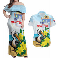 Personalized Sint Maarten Couples Matching Off Shoulder Maxi Dress and Hawaiian Shirt Brown Pelican With Yellow Sage