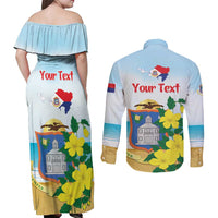 Personalized Sint Maarten Couples Matching Off Shoulder Maxi Dress and Long Sleeve Button Shirt Brown Pelican With Yellow Sage