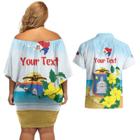 Personalized Sint Maarten Couples Matching Off Shoulder Short Dress and Hawaiian Shirt Brown Pelican With Yellow Sage