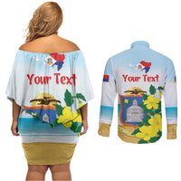 Personalized Sint Maarten Couples Matching Off Shoulder Short Dress and Long Sleeve Button Shirt Brown Pelican With Yellow Sage