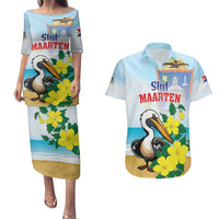 Personalized Sint Maarten Couples Matching Puletasi and Hawaiian Shirt Brown Pelican With Yellow Sage