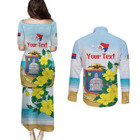 Personalized Sint Maarten Couples Matching Puletasi and Long Sleeve Button Shirt Brown Pelican With Yellow Sage