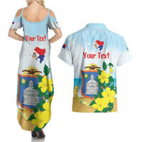 Personalized Sint Maarten Couples Matching Summer Maxi Dress and Hawaiian Shirt Brown Pelican With Yellow Sage