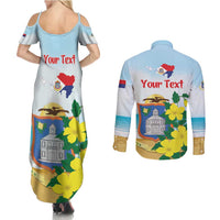 Personalized Sint Maarten Couples Matching Summer Maxi Dress and Long Sleeve Button Shirt Brown Pelican With Yellow Sage