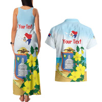 Personalized Sint Maarten Couples Matching Tank Maxi Dress and Hawaiian Shirt Brown Pelican With Yellow Sage
