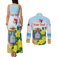 Personalized Sint Maarten Couples Matching Tank Maxi Dress and Long Sleeve Button Shirt Brown Pelican With Yellow Sage
