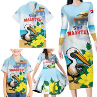 Personalized Sint Maarten Family Matching Long Sleeve Bodycon Dress and Hawaiian Shirt Brown Pelican With Yellow Sage - Wonder Print Shop