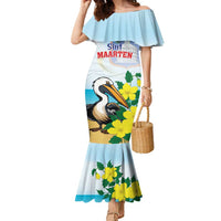 Personalized Sint Maarten Family Matching Mermaid Dress and Hawaiian Shirt Brown Pelican With Yellow Sage - Wonder Print Shop
