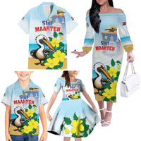 Personalized Sint Maarten Family Matching Off The Shoulder Long Sleeve Dress and Hawaiian Shirt Brown Pelican With Yellow Sage