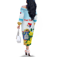 Personalized Sint Maarten Family Matching Off The Shoulder Long Sleeve Dress and Hawaiian Shirt Brown Pelican With Yellow Sage