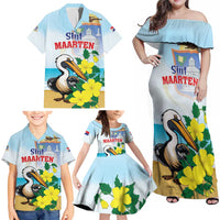 Personalized Sint Maarten Family Matching Off Shoulder Maxi Dress and Hawaiian Shirt Brown Pelican With Yellow Sage - Wonder Print Shop