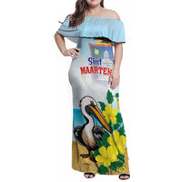 Personalized Sint Maarten Family Matching Off Shoulder Maxi Dress and Hawaiian Shirt Brown Pelican With Yellow Sage - Wonder Print Shop