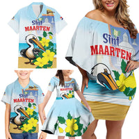 Personalized Sint Maarten Family Matching Off Shoulder Short Dress and Hawaiian Shirt Brown Pelican With Yellow Sage - Wonder Print Shop
