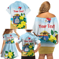Personalized Sint Maarten Family Matching Off Shoulder Short Dress and Hawaiian Shirt Brown Pelican With Yellow Sage - Wonder Print Shop