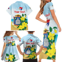 Personalized Sint Maarten Family Matching Short Sleeve Bodycon Dress and Hawaiian Shirt Brown Pelican With Yellow Sage - Wonder Print Shop