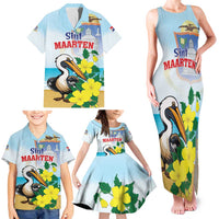 Personalized Sint Maarten Family Matching Tank Maxi Dress and Hawaiian Shirt Brown Pelican With Yellow Sage - Wonder Print Shop