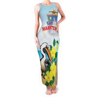 Personalized Sint Maarten Family Matching Tank Maxi Dress and Hawaiian Shirt Brown Pelican With Yellow Sage - Wonder Print Shop