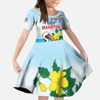 Personalized Sint Maarten Kid Short Sleeve Dress Brown Pelican With Yellow Sage - Wonder Print Shop