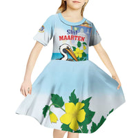 Personalized Sint Maarten Kid Short Sleeve Dress Brown Pelican With Yellow Sage - Wonder Print Shop