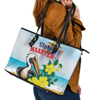 Sint Maarten Leather Tote Bag Brown Pelican With Yellow Sage