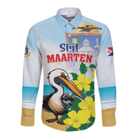 Personalized Sint Maarten Long Sleeve Button Shirt Brown Pelican With Yellow Sage