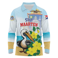Personalized Sint Maarten Long Sleeve Polo Shirt Brown Pelican With Yellow Sage - Wonder Print Shop