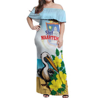 Personalized Sint Maarten Off Shoulder Maxi Dress Brown Pelican With Yellow Sage - Wonder Print Shop