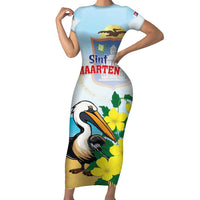 Personalized Sint Maarten Short Sleeve Bodycon Dress Brown Pelican With Yellow Sage - Wonder Print Shop