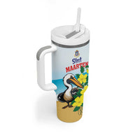 Personalized Sint Maarten Tumbler With Handle Brown Pelican With Yellow Sage - Wonder Print Shop