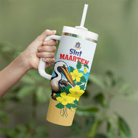 Personalized Sint Maarten Tumbler With Handle Brown Pelican With Yellow Sage - Wonder Print Shop